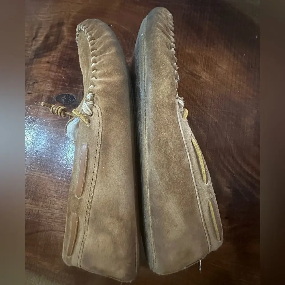 Minnetonka Moccasin Women's Sz 11 Slippers 3711 Brown Suede Fur Lined - Picture 2 of 5